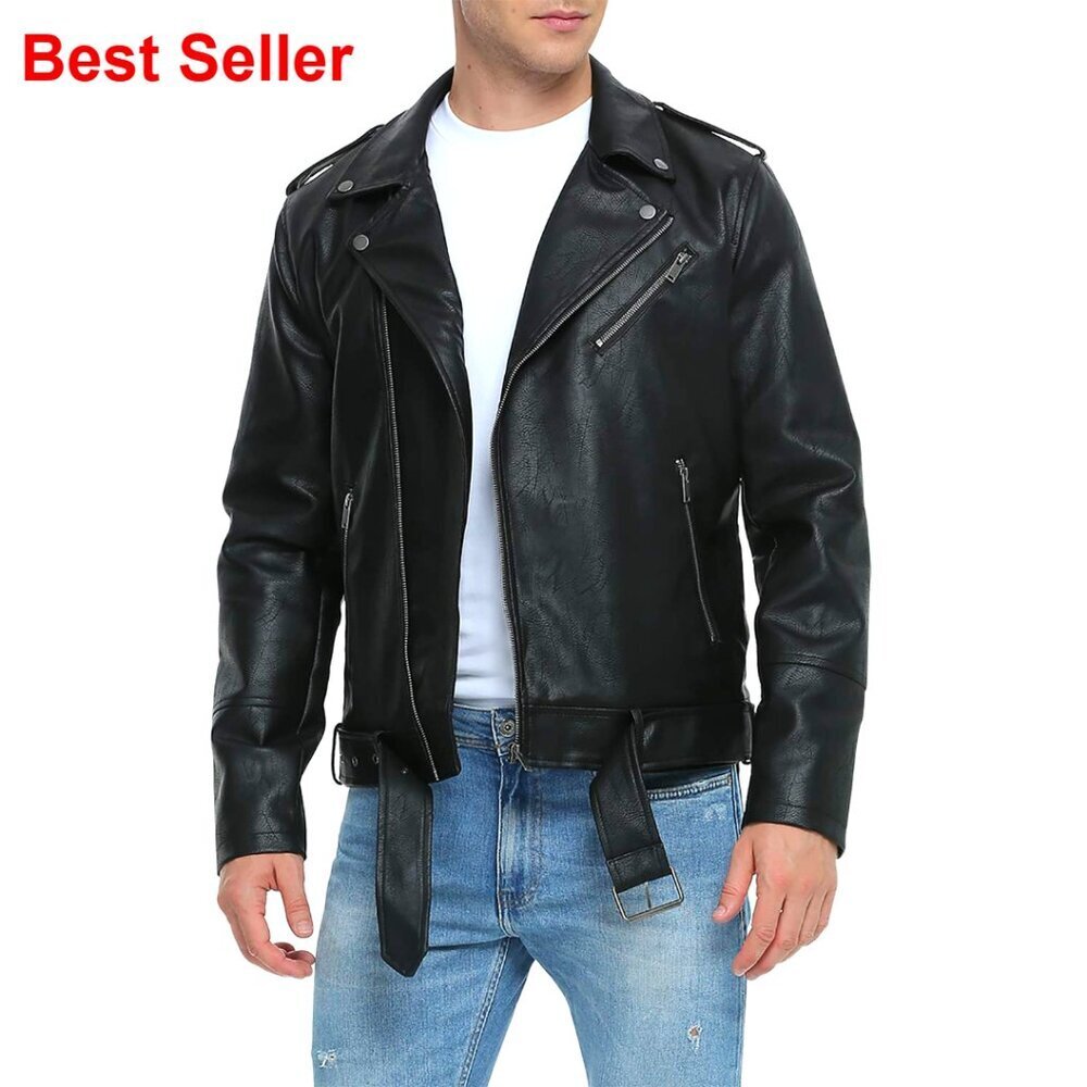 Faux Leather Bomber Jacket, Slim Fit Biker Coat with Belt